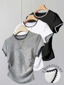 Set de 3 piezas de tops para mujer para exteriores, en color champán, marrón moca y negro, nuevas llegadas de verano, camiseta ajustada con pliegues, de moda y versátil, con estilo callejero fotogénico, imprescindible, de vuelta al colegio, que lla - Multicolor 13 - Ver 9