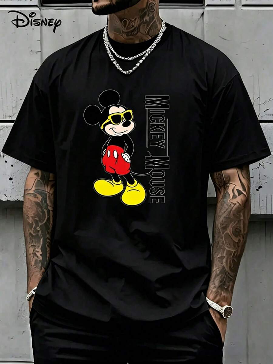 Disney License T Shirts, Men's Oversized Casual Crew Neck Disney Mickey Mouse Sunglasses Vertical Letter Cartoon Print Short Sleeve T-Shirt, Retro Streetwear Graphic Tee For Summer Daily Wear,Men Clothes,Summer Clothes,White Shirt,Father's Day Clothing,Vintage T Shirts,Graphic T Shirts,100 Percent Cotton,Graphic Tee,Graphic Tees,Funny Graphic Tees,Graphic T, Gifts For Family And Friends - 黑色 - 查看 1