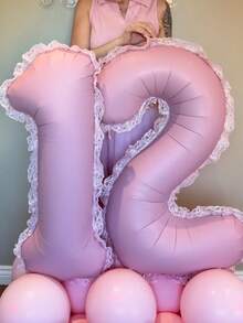 40-Inch Matte Pink Large Aluminum Foil Number Balloons, 0-9 Lace Edged Aluminum Foil Balloons, With Glue Dots, Reusable, Suitable For Birthday Party Decor, Holiday Decor, Hawaiian Party Decor, Room Background Decor, Photo Props, Valentine's Day Decor, Indoor & Outdoor Use, Gender Reveal, Decorations - Pink - View 8