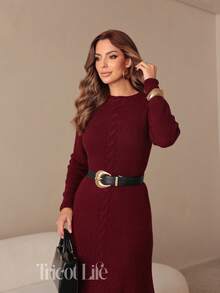 Women's Midi Dress In Mousse Knit, Long Sleeves With Braided Detail, Fitted Waist, Elegant, Winter, Premium, Casual, Party, Work, Travel - 勃根地 - 查看 5