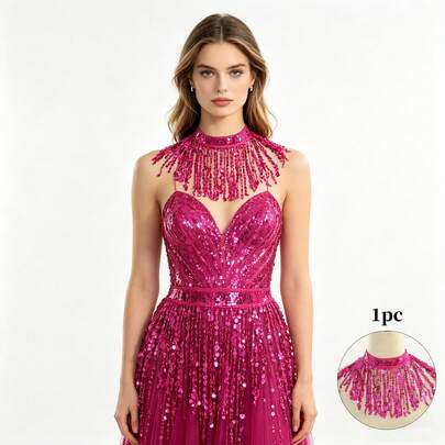 1pc Latin Dance Sequin Fringe Necklace - Stylish Choker For Nightclub Performance, Belly Dance Accessory, Halloween