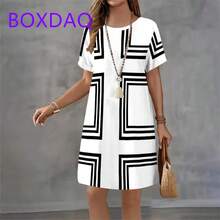 Vestido con estampado de rayas geométricas para mujer, vestido veraniego holgado informal de manga corta con cuello redondo, minivestido de playa para mujer - XD-DX8087 - Ver 2
