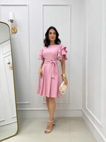 Short Midi Dress With Puff Sleeves, Ruffles, Layers, Party Skirt, Elegant, Evangelical Style. - 淺粉色 - 查看 1
