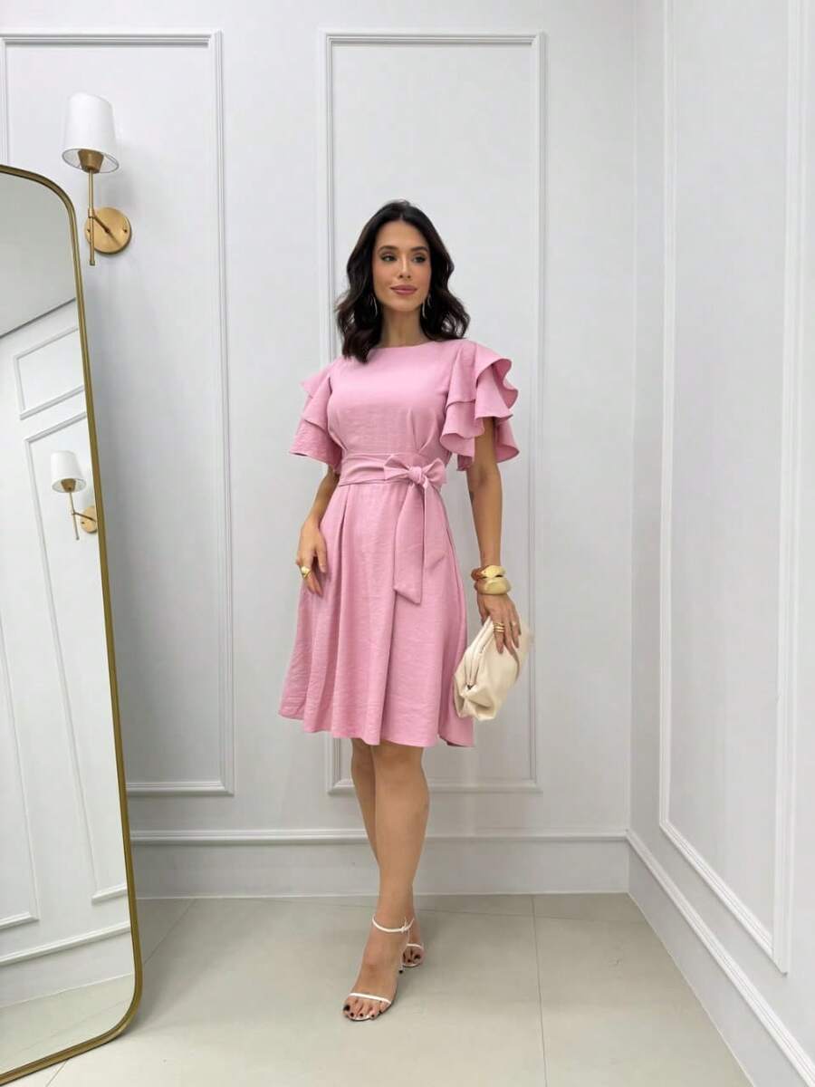 Short Midi Dress With Puff Sleeves, Ruffles, Layers, Party Skirt, Elegant, Evangelical Style. - 淺粉色 - 查看 1