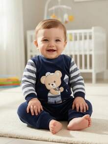 Baby Boy's Plush Embroidered Romper Baby Boy's Clothes - 藏蓝色 - 查看 2