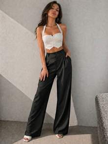 Women's Casual High Waist Wide Leg Pants With Pockets - Hitam - View 4