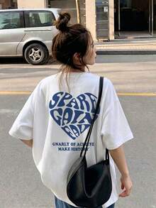 Áo thun nữ tay ngắn cổ tròn dáng rộng in chữ, chất liệu cotton, kiểu dáng thường ngày, thích hợp cho mùa xuân/hè. - trắng - Xem 1