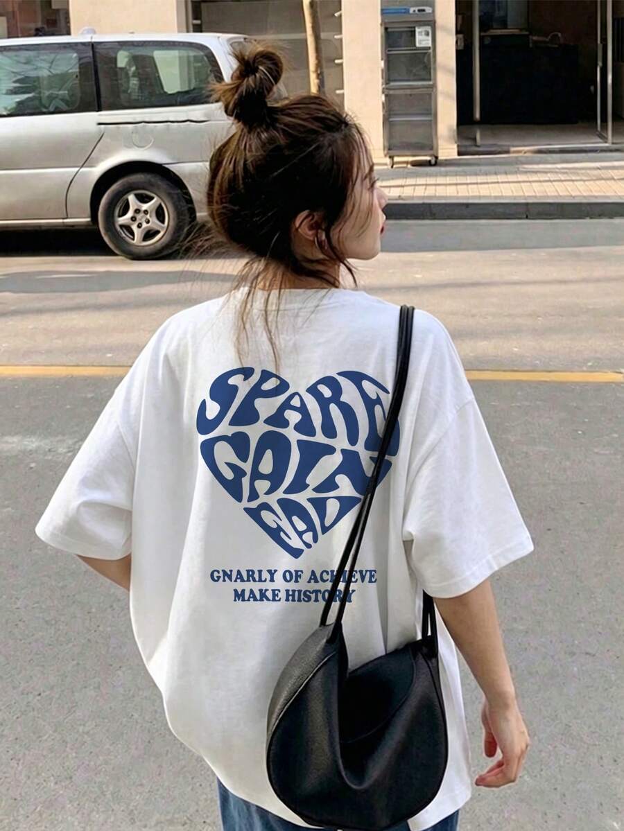 Áo thun nữ tay ngắn cổ tròn dáng rộng in chữ, chất liệu cotton, kiểu dáng thường ngày, thích hợp cho mùa xuân/hè. - trắng - Xem 1