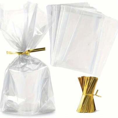 100pcs Transparent Gift Bags With 100pcs Gold Twist Ties, Plastic Packaging Bags With Twist Ties, Suitable For Party Favors, Birthdays, Transparent Gift Bags