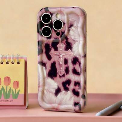 Pink Leopard Print Cross Pattern Phone Case Compatible With IPhone 15/13/16 Pro Max/17 Pro Max/14/11/12, Y2K Baddie Style Protective Cover Compatible With Samsung Galaxy S24/S25/S23/A55/A54/S25 Ultra/A14/A15