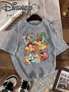 Disney Toy Story Role Splicing With Stars And Flowers Decorative Fun Cartoon Print Design  Oversized Fashion Old T-Shirts, Street Style Retro Fashion Lovers In Spring And Summer Of 2026 Popular Old Round Neck T-Shirts, Unisex, Excellent Gifts. - Xám - Xem 2