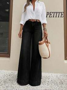 Jeans de tiro alto y pierna ancha para mujer, tela vaquera ligera y cómoda, jeans elásticos lavados, estilo largo elegante, uso casual de primavera/verano, versátil para diario/commute, moda callejera, ≥70% algodón - Negro - Ver 1