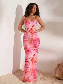 Vestido de Sirena Elegante para Mujer, con Hombros Descubiertos o de un Solo Hombro, Estampado Floral Rosa, Silueta en A sin Mangas, Cuello Redondo, Lavado a Máquina - Beis - Ver 3