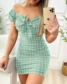Vestido de verano sexy paquete nalgas falda corta de vestido con estampado de rejilla transfronteriza - Verde - Ver 5