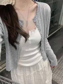 短袖开衫，轻薄镂空针织女式毛衣，休闲甜美风格，荷叶边装饰，春夏款 - 灰色 - 查看 7