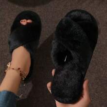 Cross Design Plush Slippers, Warm Indoor Anti-Slip Soft Thick Sole Winter Couples Furry Slippers - Women's Slippers - View 14