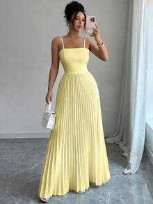 Vestido largo de mujer de unicolor, plisado, elegante, con cintura ceñida y tirantes, adecuado para fiestas y salidas - Amarillo claro - Ver 12