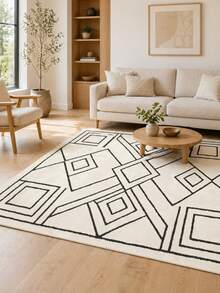 Exclusive Custom Geometric Abstract Rug In Earth Tones, Diagonal Composition, Paired With Wooden Coffee Table + Cream Fabric Sofa + Warm Light Lamp, Enhancing The "Warm And Elegant Living Room" Ambiance. Exclusive Custom Geometric Abstract Rug In Warm Color Scheme And Natural Flowing Patterns. - Beige - View 4