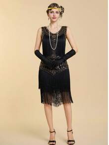 1920s European Vintage Style Sequin Fringe Sleeveless Dress Wedding Party - Gold - View 8