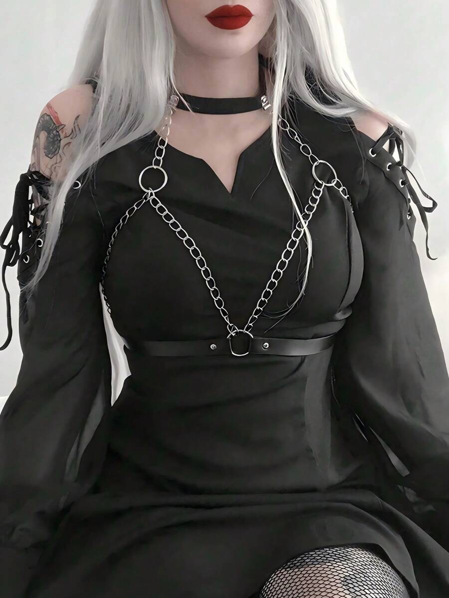 1件女士朋克风胸链,PU皮革腰带吊带配饰 - 黑色 - 查看 1