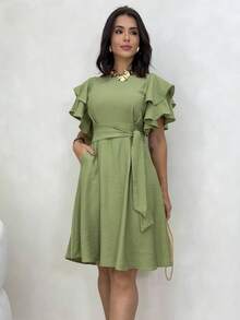 Short Midi Dress With Puff Sleeves, Ruffles, Layers, Party Skirt, Elegant, Evangelical Style. - 綠色 - 查看 2