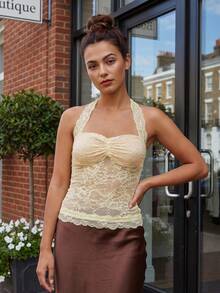 Women's Halter Crop Tops Stylish Solid Sheer Lace Floral Pattern Sleeveless Lace Tank Tops Perfect For Summer - Yellow - View 4