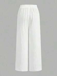 Set de 3 pantalones rectos sueltos de cintura alta con cordón y bolsillos, de unicolor y versátiles, adecuados para primavera/verano - Multicolor 7 - Ver 4