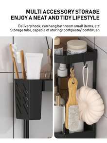 1pc Rust-Proof Corner Shower Caddy, 2/3 Tier Bathroom Storage Rack, Shampoo Organizer, Bathroom Shelf With Hooks For Hanging Loofah, Freestanding Storage Rack - Black - View 6