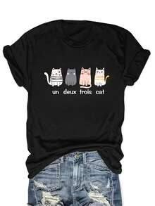 Camiseta de Verano para Mujer con Estampado de Gato de Dibujos Animados y Cuello Redondo Ajustado - Negro - Ver 7