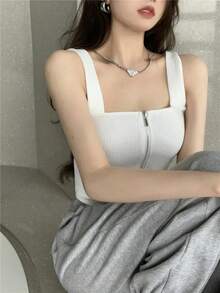 2025 Y2K Top mujeres cremallera mosca camisolas tejidas Sexy verano camisetas sin mangas mujer Top corto sólido - BLANCO - Ver 3