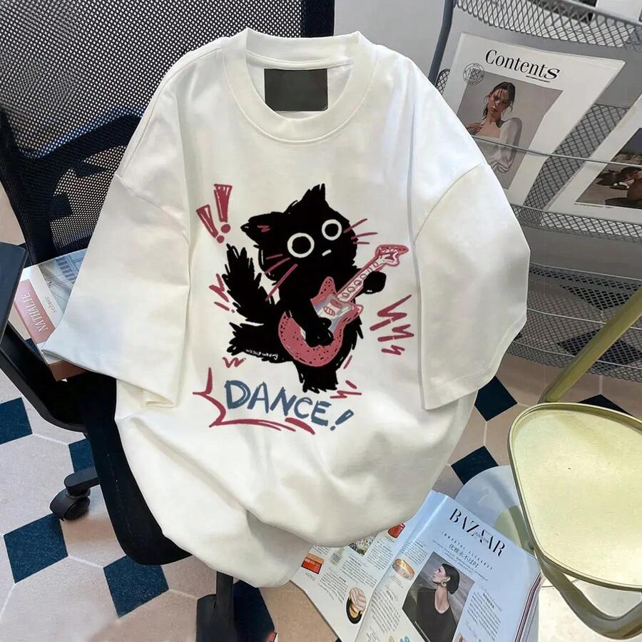 2026 Summer New Cute Punk Cat Guitar Printed Short Sleeve T-Shirt Summer Oversized Graphic Tees Harajuku Vintage Aesthetic Baggy Top For Men & Women Casual Breathable Cotton Blend Fashionable Design Comfortable Wear All Day Long Daily Casual T-Shirt - WH - Xem 1