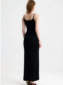 RoseArya Elegant Slit Detail Long Stretch Strap Dress - Black - View 3