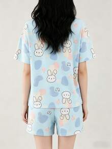 AICJ 2pcs/Set Cute Rabbit & Color Block Print Pajama Set, Casual Short Sleeve Round Neck T-Shirt And Pocket Shorts, Women Sleepwear Home Outfit - Baby Blue - View 2