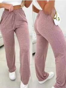 Women's Wide-Leg Wool Pants With Elastic Waistband And Pocket - Comfortable, Casual, And Stylish For Everyday Wear In Cold Winter - 乾枯玫瑰色 - 查看 3
