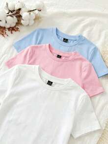 Conjunto de 3 piezas de camisetas de manga larga de ajuste ceñido con cuello redondo, estilo minimalista casual, 95% algodón, para mujer - Multicolor 13 - Ver 4
