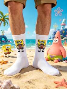 SpongeBob SquarePants 1 đôi tất nam màu trắng in hình hoạt hình bọt biển, tất vui nhộn và thoải mái để mặc hàng ngày. - Nhiều màu - Xem 4