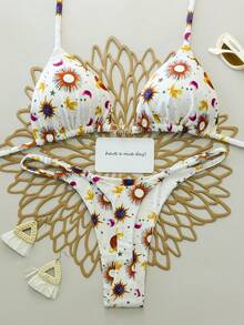 2pcs/Set Bikini Seksi Tanpa Punggung dengan Motif Bunga dan Tali Pengikat, Cocok untuk Musim Semi/Panas, Pantai, Pertunjukan Panggung, Pesta, dan Liburan - MultiWarna - View 4