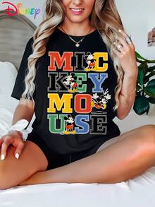Disney Licensed! Popular Disney Mickey Mouse Printed Women'S T-Shirt, Casual Stylish Round Neck Short Sleeve Summer Top, ' Anime Cartoon Sweatshirt, Perfect For Outdoor Daily Casual Wear - màu đen - Xem 1