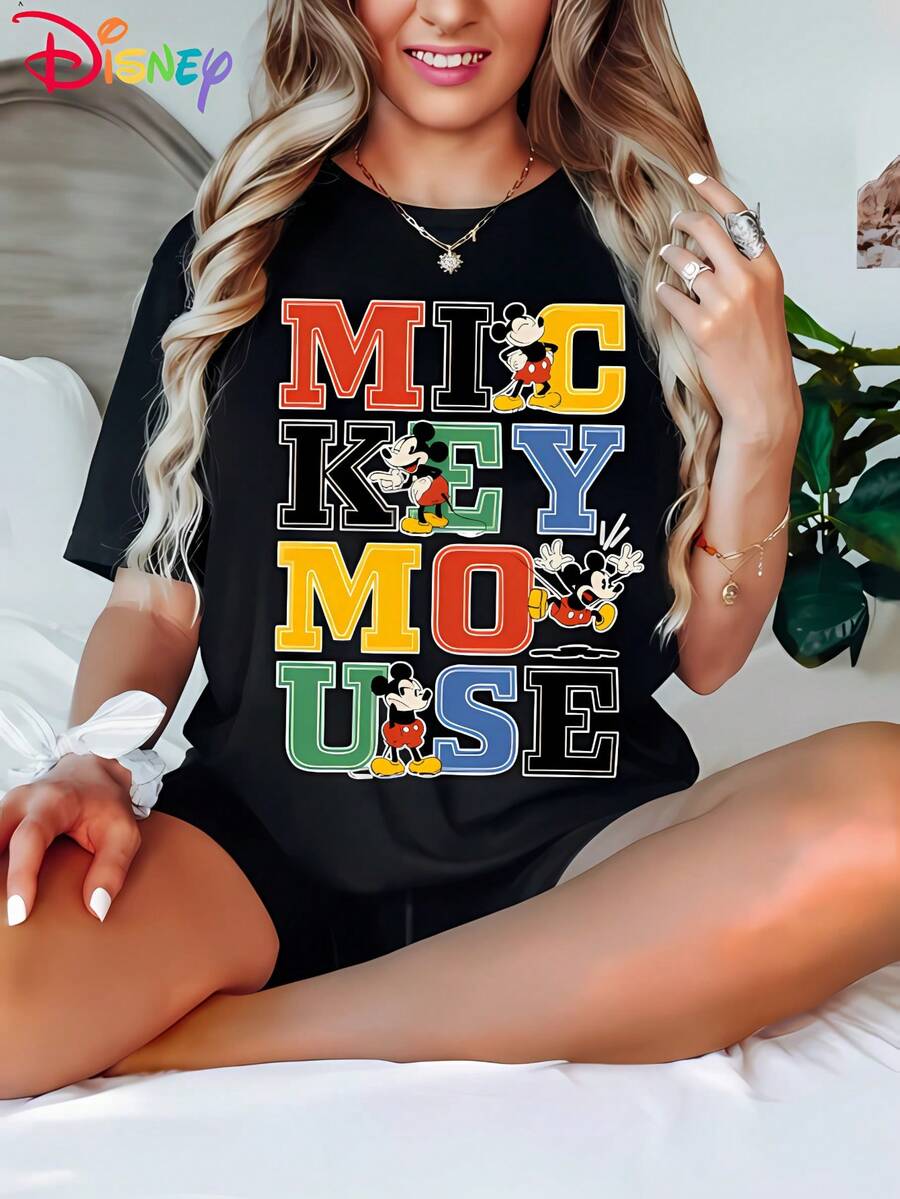 Disney Licensed! Popular Disney Mickey Mouse Printed Women'S T-Shirt, Casual Stylish Round Neck Short Sleeve Summer Top, ' Anime Cartoon Sweatshirt, Perfect For Outdoor Daily Casual Wear - màu đen - Xem 1