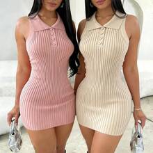 Vestido corto de verano para mujer, color rosa bebé, cuello halter, sin mangas, cuello polo, con botones, elástico, de punto acanalado, ajustado al cuerpo. - Rosa - Ver 3