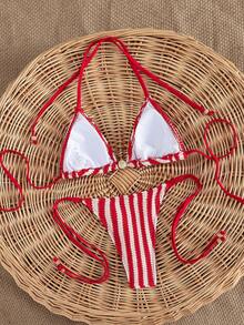Bộ bikini nữ, đồ bơi 2 mảnh, vải dệt kim kẻ sọc, thiết kế ghép mảnh, áo tam giác, quần buộc dây bên hông, trang phục đi biển mùa hè gợi cảm. - Đỏ và trắng - Xem 2