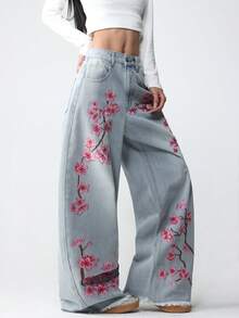 1 chiếc quần jeans ống rộng thoải mái, phong cách đường phố Mỹ, thêu họa tiết dành cho nữ, đa năng cho mọi mùa (Không bao gồm thắt lưng/phụ kiện) - Rửa nhẹ - Xem 5