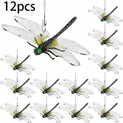 12pcs Vintage 3D Dragonfly Mosquito Repellent Clips, Suitable For Garden, Porch, Hat And Outdoor Decor, Plastic Anti-Insect Yard Ornaments With Pest Repelling Function, Applicable For Fence, Balcony - Maintenance Free Installation