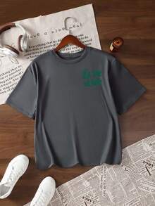 T-shirt blanc à manches courtes et col rond pour femmes avec imprimé de lettres françaises vertes, style de rue décontracté d'été, coupe ample et confortable pour un port quotidien - Gris foncé - Voir 8