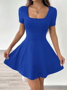 1 pieza Vestido corto de punto casual de mujer, cómodo para uso en el hogar y actividades deportivas, color rojo - azul real - Ver 6