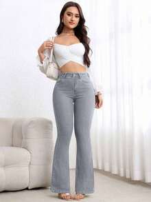 Jeans de talle alto con vuelo de unicolor simple para uso casual y de oficina de las mujeres - Gris Claro 2 - Ver 6