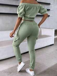 Women's Solid Color Off Shoulder Zipper Front Cropped Top And Pants Set Summer Elegant - Green - View 2