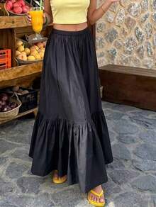 1pc Solid Color Minimalist Long Skirt, New Arrival Spring/Summer Outfit For Dates - Black - View 1