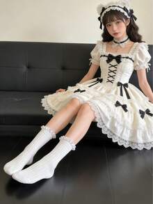 Mother's Day Lolita Goth Y2K Lace Ruffle Mid-Calf Socks, Black White Women Socks 1/2/4 Pairs - 彩色 - 查看 1
