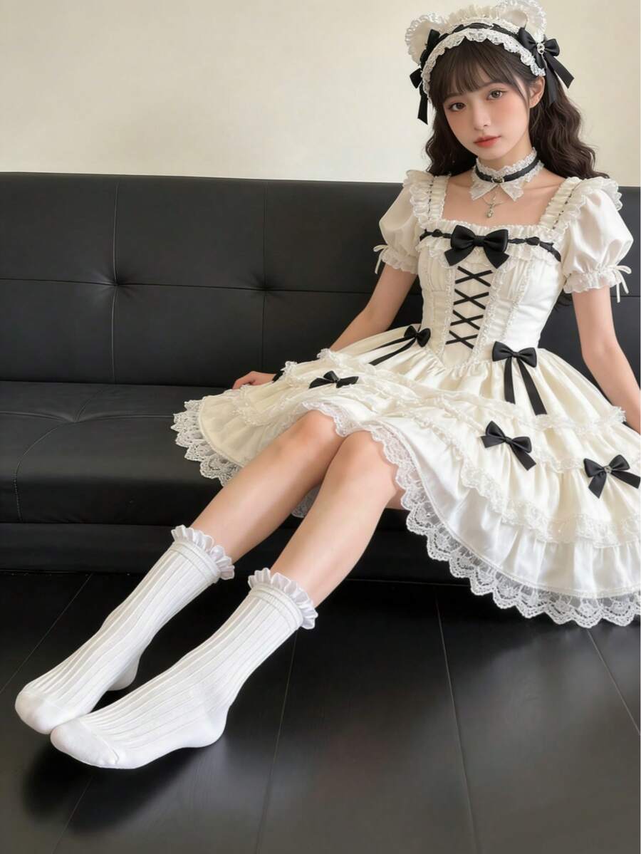 Mother's Day Lolita Goth Y2K Lace Ruffle Mid-Calf Socks, Black White Women Socks 1/2/4 Pairs - 彩色 - 查看 1